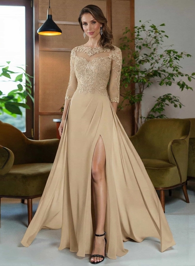 Sheath/Column Scoop Neck Floor-Length Chiffon Mother Of The Bride Dresses With Appliques Lace/High Split