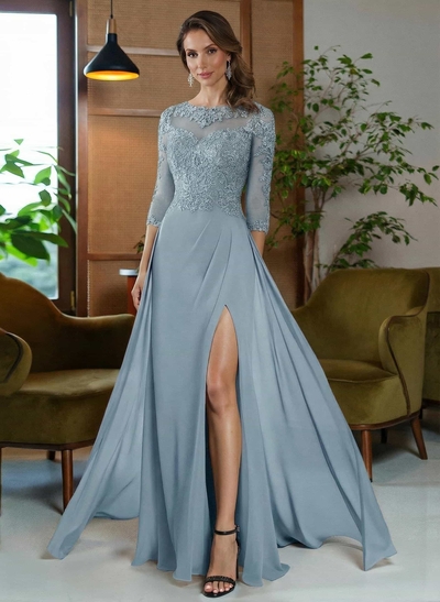 Sheath/Column Scoop Neck Floor-Length Chiffon Mother Of The Bride Dresses With Appliques Lace/High Split