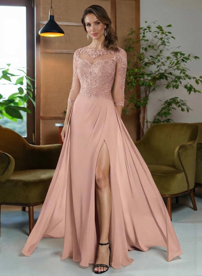 Sheath/Column Scoop Neck Floor-Length Chiffon Mother Of The Bride Dresses With Appliques Lace/High Split