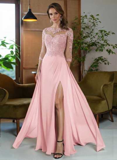 Sheath/Column Scoop Neck Floor-Length Chiffon Mother Of The Bride Dresses With Appliques Lace/High Split