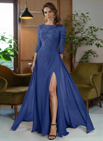Sheath/Column Scoop Neck Floor-Length Chiffon Mother Of The Bride Dresses With Appliques Lace/High Split
