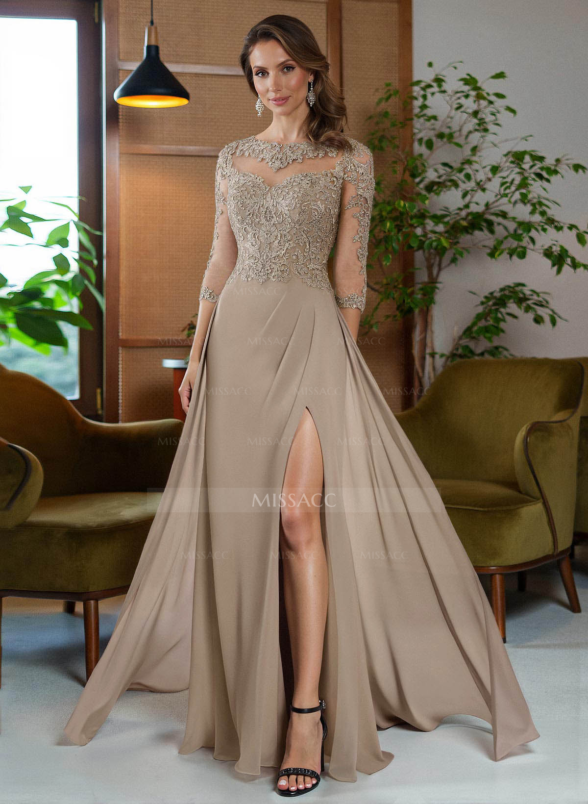 Sheath/Column Scoop Neck Floor-Length Chiffon Mother Of The Bride Dresses With Appliques Lace/High Split