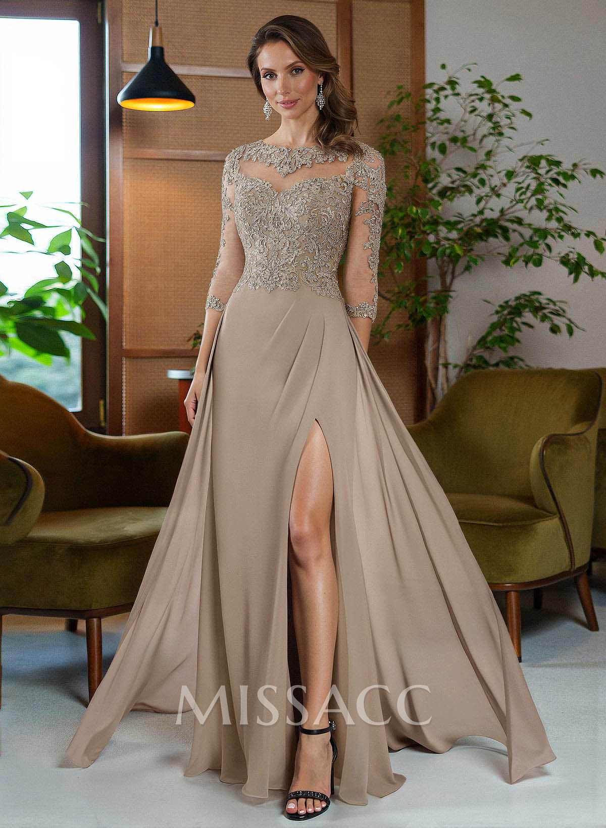 Sheath/Column Scoop Neck Floor-Length Chiffon Mother Of The Bride Dresses With Appliques Lace/High Split Sheath/Column Scoop Neck Floor-Length Chiffon Mother Of The Bride Dresses With Appliques Lace/High Split