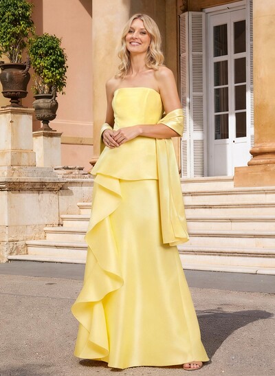 Sheath Column Off-The-Shoulder Sleeveless Floor-Length Satin Mother Of The Bride Dresses With Cascading Ruffles