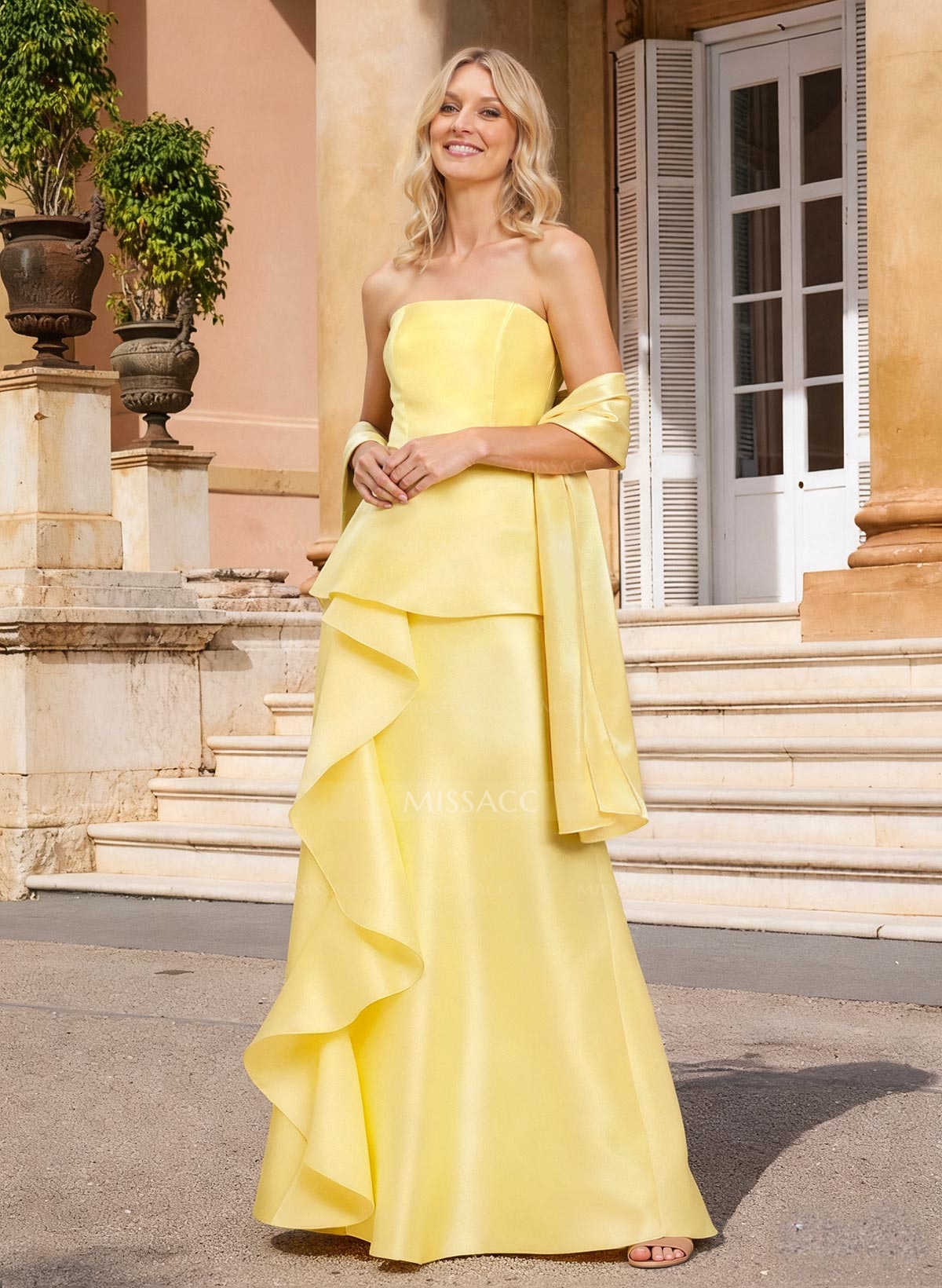 Sheath Column Off-The-Shoulder Sleeveless Floor-Length Satin Mother Of The Bride Dresses With Cascading Ruffles