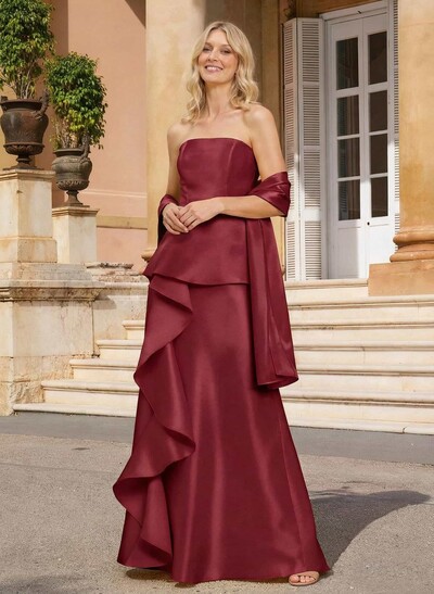 Sheath Column Off-The-Shoulder Sleeveless Floor-Length Satin Mother Of The Bride Dresses With Cascading Ruffles