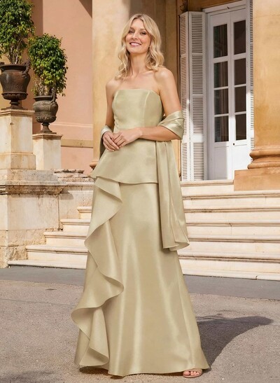 Sheath Column Off-The-Shoulder Sleeveless Floor-Length Satin Mother Of The Bride Dresses With Cascading Ruffles