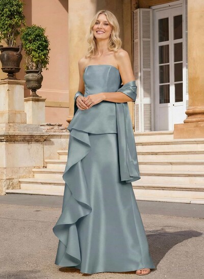 Sheath Column Off-The-Shoulder Sleeveless Floor-Length Satin Mother Of The Bride Dresses With Cascading Ruffles