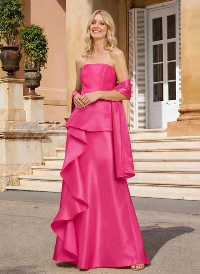 Sheath Column Off-The-Shoulder Sleeveless Floor-Length Satin Mother Of The Bride Dresses With Cascading Ruffles
