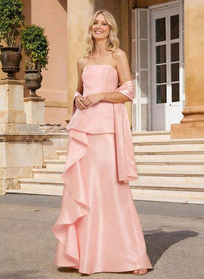 Sheath Column Off-The-Shoulder Sleeveless Floor-Length Satin Mother Of The Bride Dresses With Cascading Ruffles
