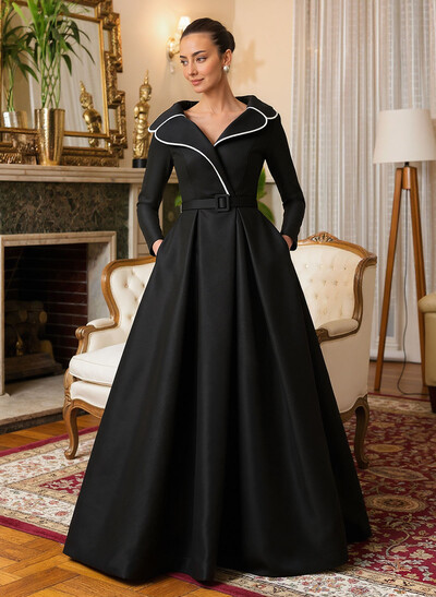 A-Line V-Neck Long Sleeves Floor-Length Satin Mother Of The Bride Dresses With Sash