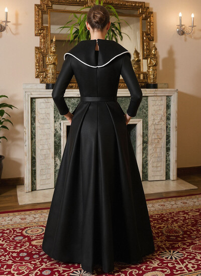 A-Line V-Neck Long Sleeves Floor-Length Satin Mother Of The Bride Dresses With Sash