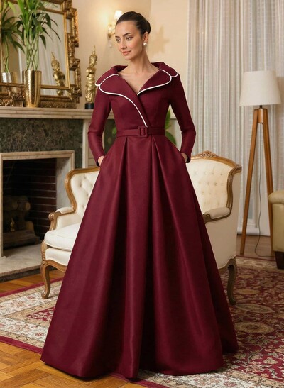 A-Line V-Neck Long Sleeves Floor-Length Satin Mother Of The Bride Dresses With Sash