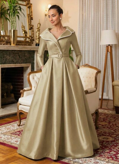 A-Line V-Neck Long Sleeves Floor-Length Satin Mother Of The Bride Dresses With Sash