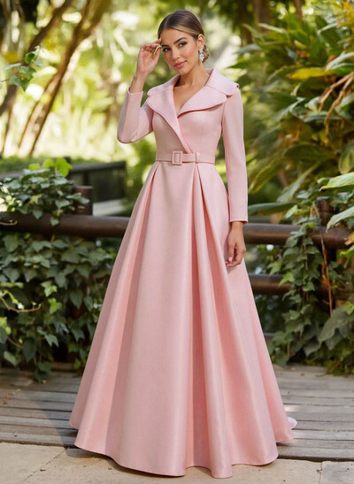 A-Line V-Neck Long Sleeves Floor-Length Satin Mother Of The Bride Dresses With Sash
