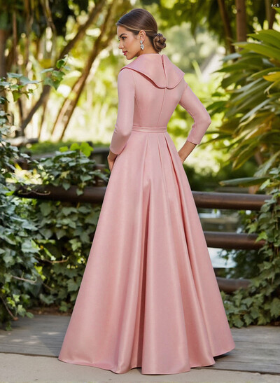 A-Line V-Neck Long Sleeves Floor-Length Satin Mother Of The Bride Dresses With Sash