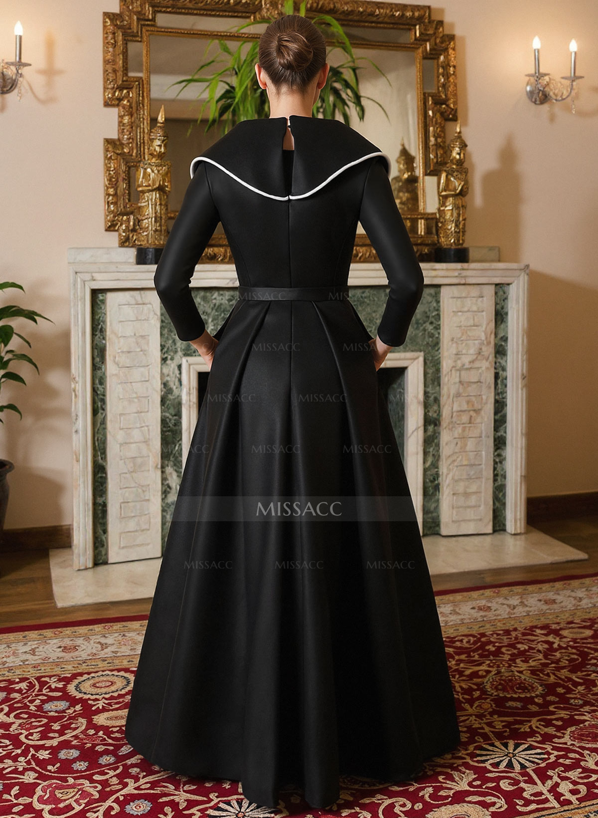 A-Line V-Neck Long Sleeves Floor-Length Satin Mother Of The Bride Dresses With Sash