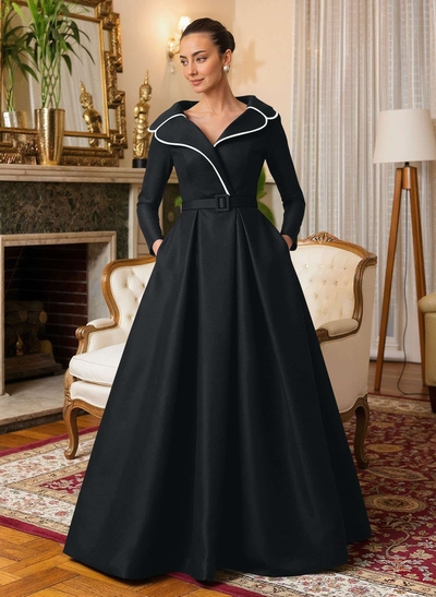 A-Line V-Neck Long Sleeves Floor-Length Satin Mother Of The Bride Dresses With Sash