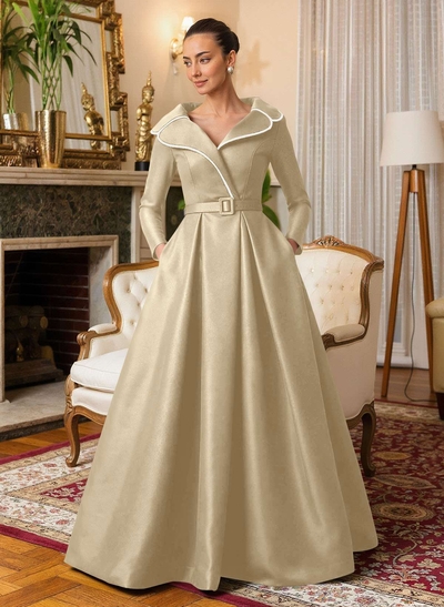 A-Line V-Neck Long Sleeves Floor-Length Satin Mother Of The Bride Dresses With Sash