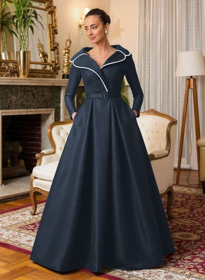 A-Line V-Neck Long Sleeves Floor-Length Satin Mother Of The Bride Dresses With Sash