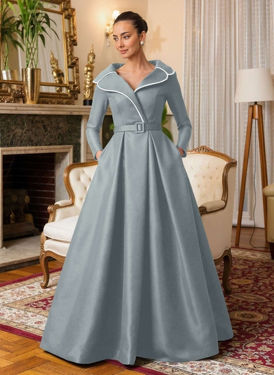 A-Line V-Neck Long Sleeves Floor-Length Satin Mother Of The Bride Dresses With Sash