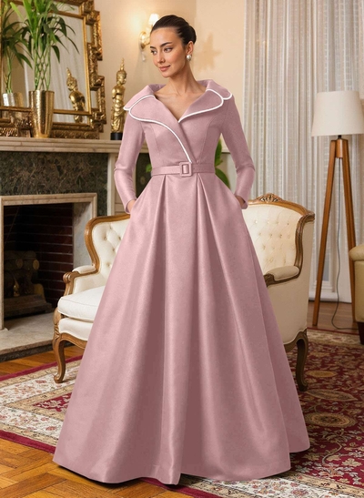 A-Line V-Neck Long Sleeves Floor-Length Satin Mother Of The Bride Dresses With Sash