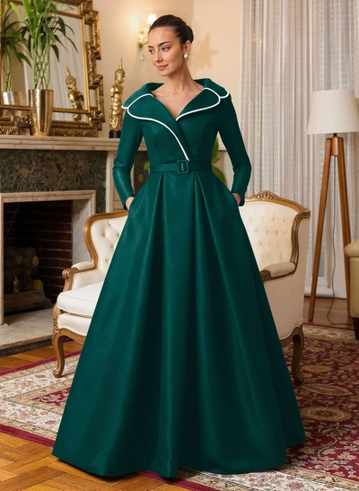 A-Line V-Neck Long Sleeves Floor-Length Satin Mother Of The Bride Dresses With Sash