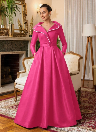 A-Line V-Neck Long Sleeves Floor-Length Satin Mother Of The Bride Dresses With Sash