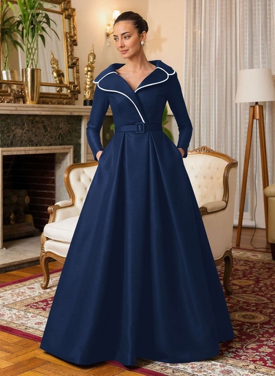 A-Line V-Neck Long Sleeves Floor-Length Satin Mother Of The Bride Dresses With Sash