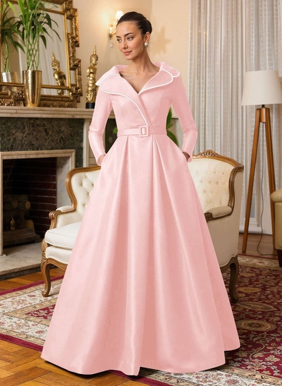 A-Line V-Neck Long Sleeves Floor-Length Satin Mother Of The Bride Dresses With Sash