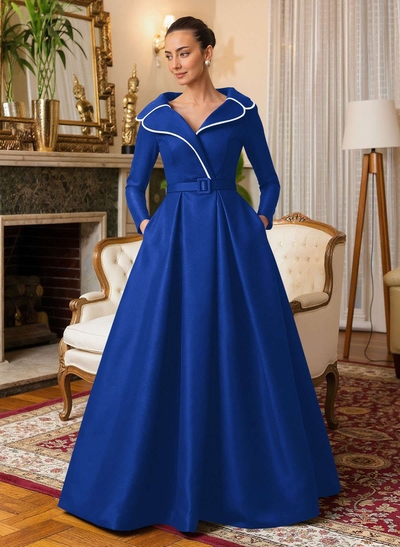 A-Line V-Neck Long Sleeves Floor-Length Satin Mother Of The Bride Dresses With Sash