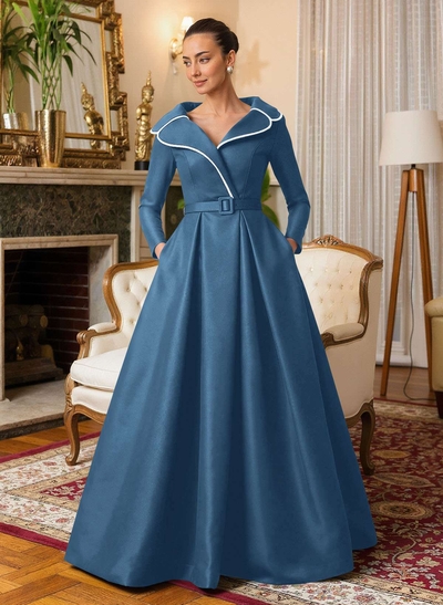 A-Line V-Neck Long Sleeves Floor-Length Satin Mother Of The Bride Dresses With Sash