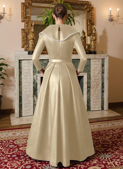 A-Line V-Neck Long Sleeves Floor-Length Satin Mother Of The Bride Dresses With Sash