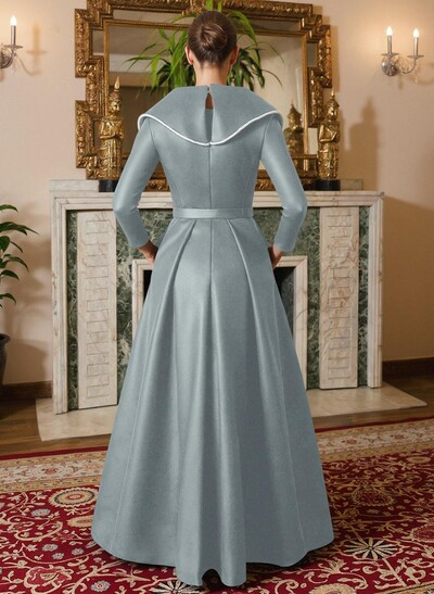 A-Line V-Neck Long Sleeves Floor-Length Satin Mother Of The Bride Dresses With Sash