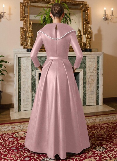 A-Line V-Neck Long Sleeves Floor-Length Satin Mother Of The Bride Dresses With Sash