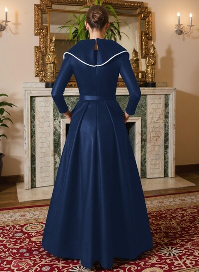 A-Line V-Neck Long Sleeves Floor-Length Satin Mother Of The Bride Dresses With Sash