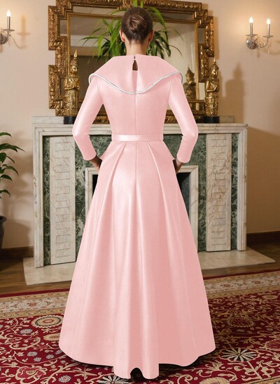 A-Line V-Neck Long Sleeves Floor-Length Satin Mother Of The Bride Dresses With Sash