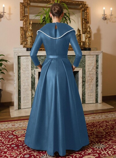 A-Line V-Neck Long Sleeves Floor-Length Satin Mother Of The Bride Dresses With Sash