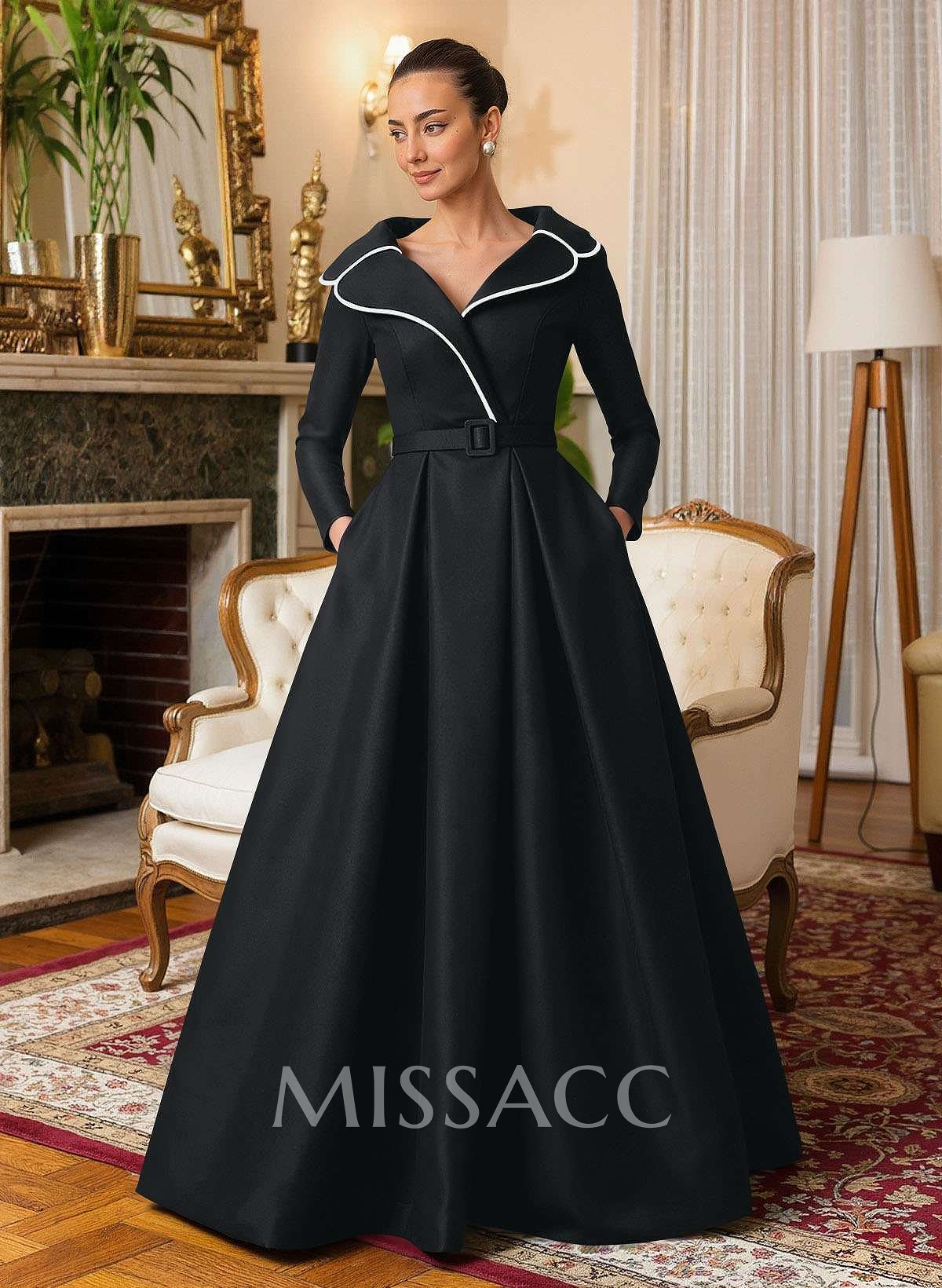 A-Line V-Neck Long Sleeves Floor-Length Satin Mother Of The Bride Dresses With Sash