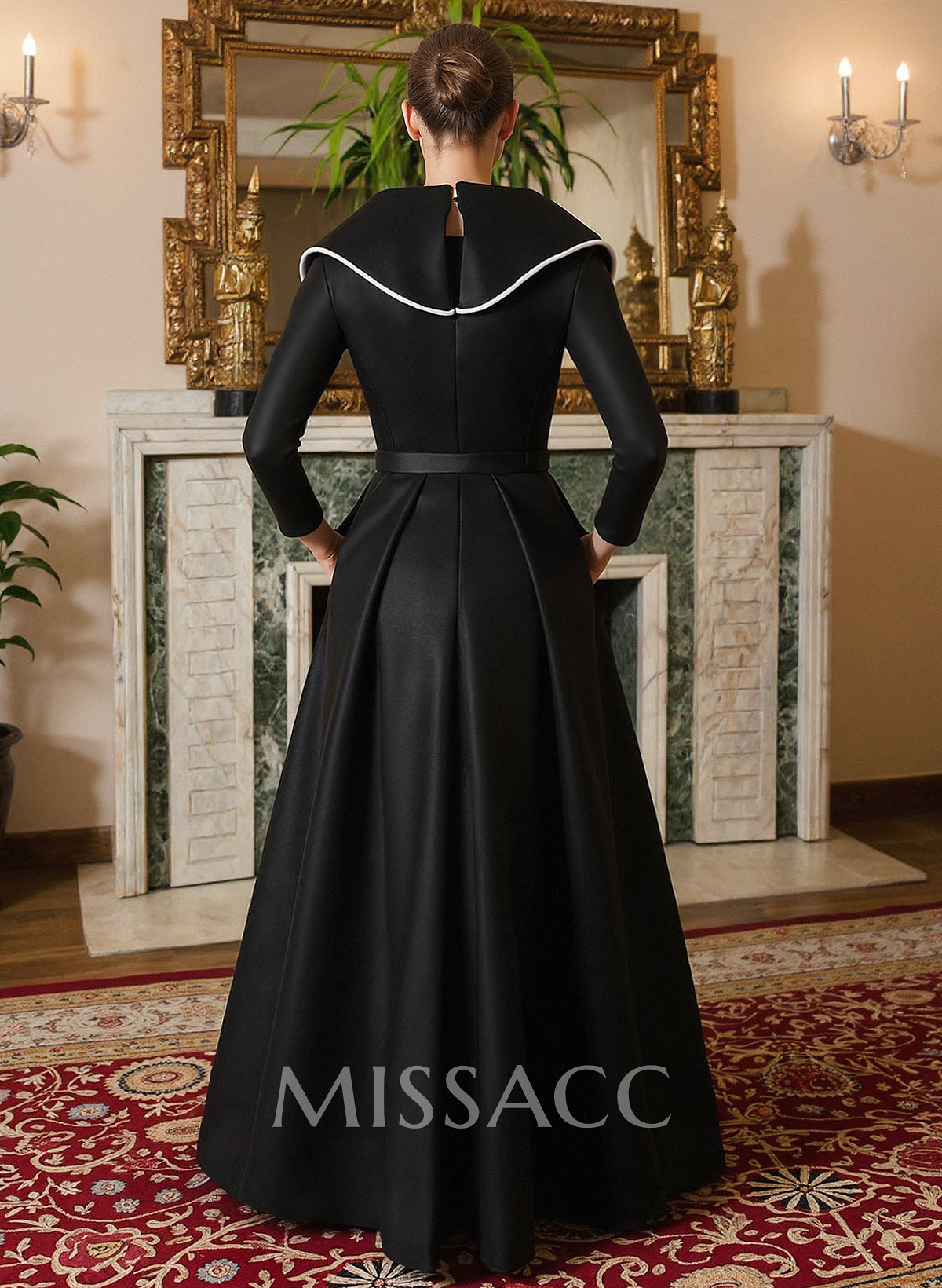 A-Line V-Neck Long Sleeves Floor-Length Satin Mother Of The Bride Dresses With Sash