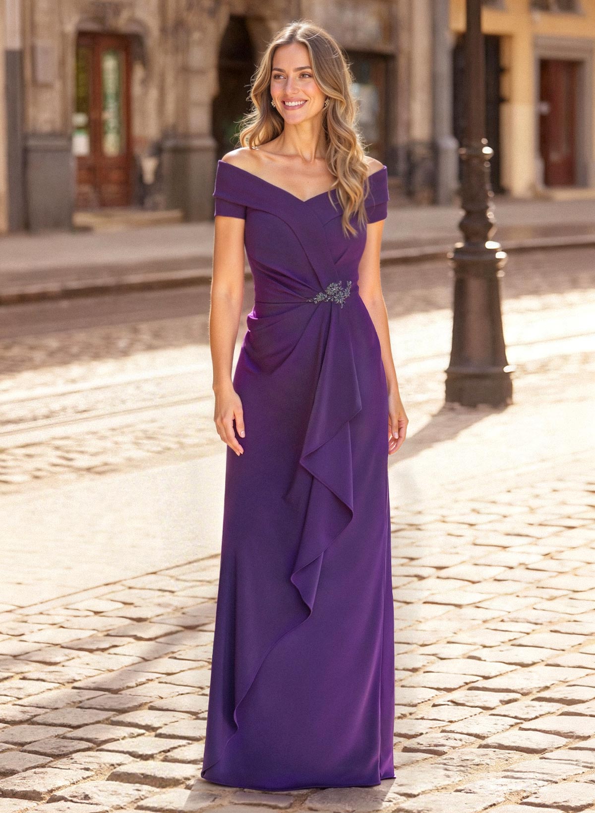 Sheath/Column Off-The-Shoulder Floor-Length Elastic Satin Mother Of The Bride Dresses