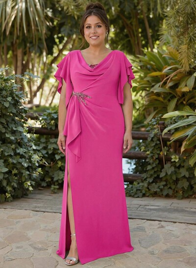 Sheath/Column Illusion Neck Cape Sleeves Floor-Length Elastic Satin Mother Of The Bride Dresses