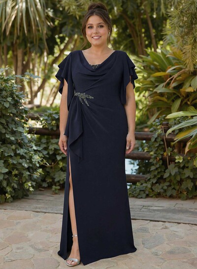 Sheath/Column Illusion Neck Cape Sleeves Floor-Length Elastic Satin Mother Of The Bride Dresses