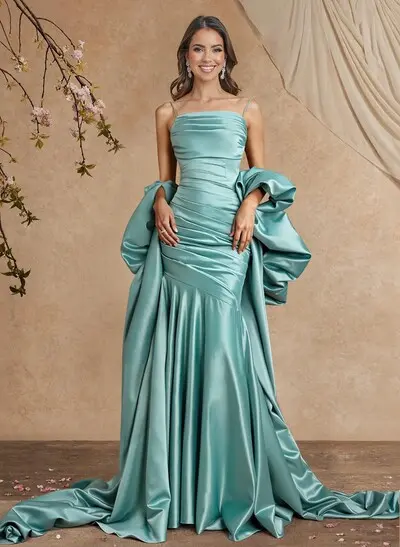 Trumpet/Mermaid Square Neckline Sleeveless Sweep Train Satin Mother Of The Bride Dresses