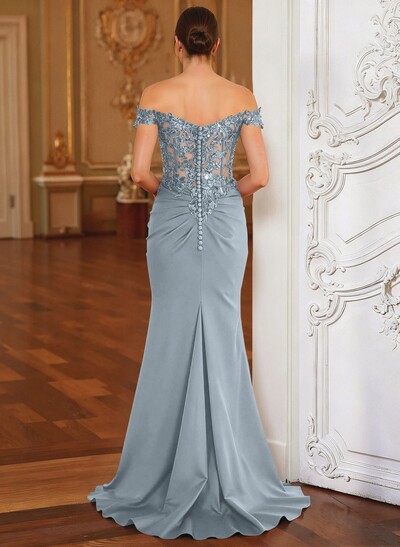 Elegant Off-The-Shoulder Illusion Corset Ruffle Split Front Sweep Train Crepe Satin Mother Of The Bride Dresses