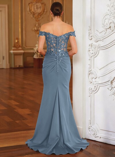 Elegant Off-The-Shoulder Illusion Corset Ruffle Split Front Sweep Train Crepe Satin Mother Of The Bride Dresses