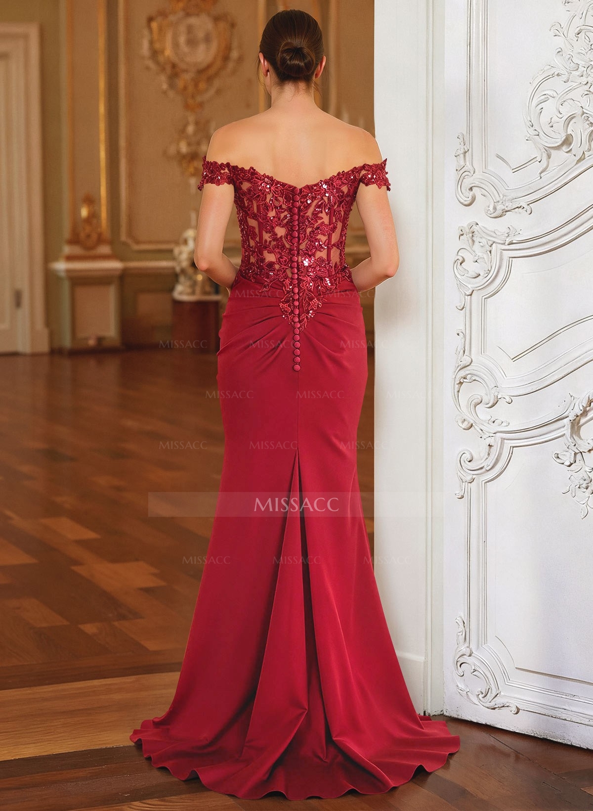 Elegant Off-The-Shoulder Illusion Corset Ruffle Split Front Sweep Train Crepe Satin Mother Of The Bride Dresses