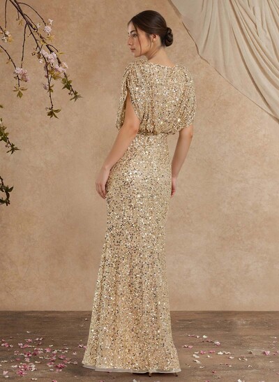 Sheath/Column V-Neck Sleeveless Floor-Length Sequined Mother Of The Bride Dresses