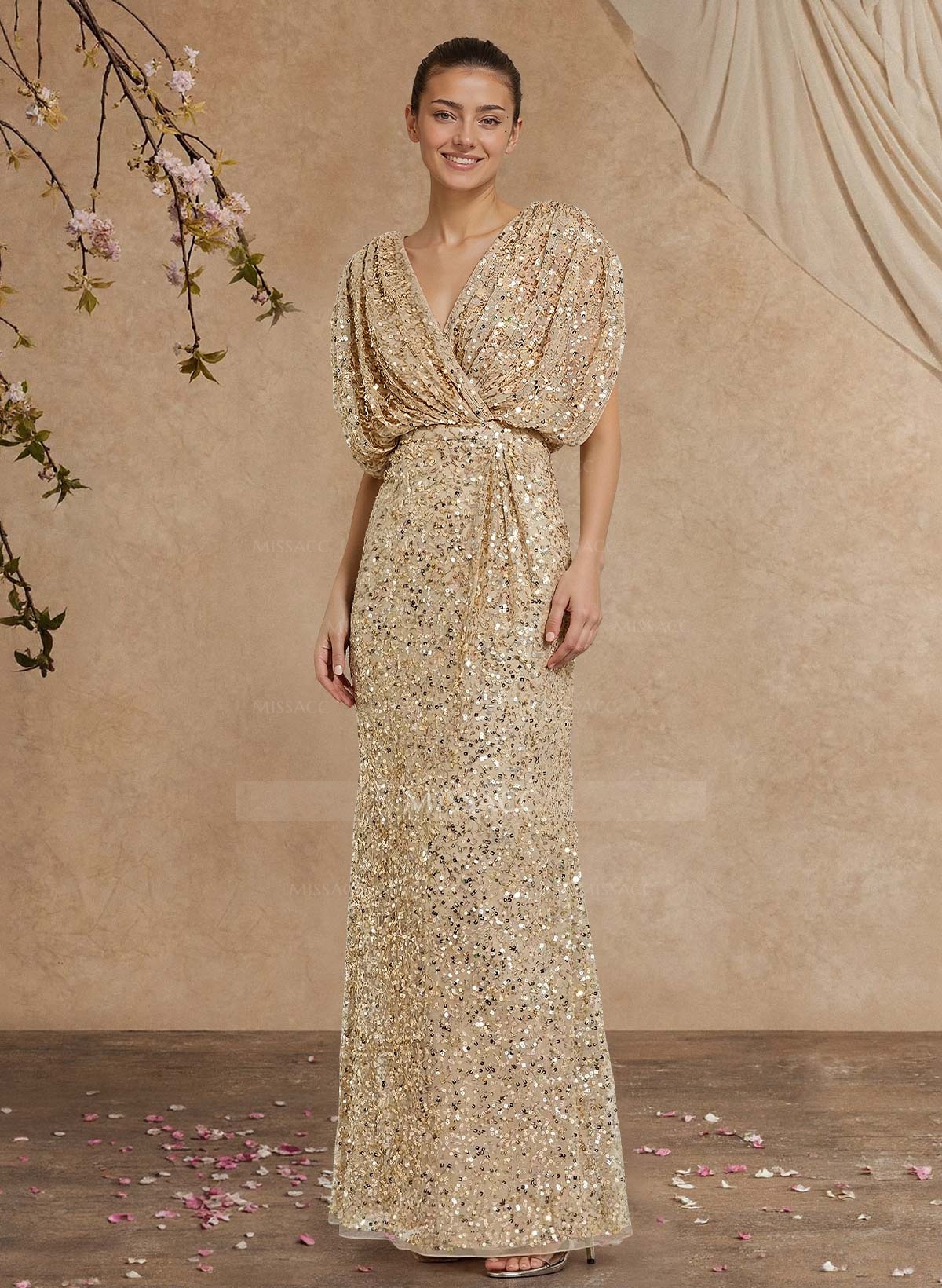 Sheath/Column V-Neck Sleeveless Floor-Length Sequined Mother Of The Bride Dresses