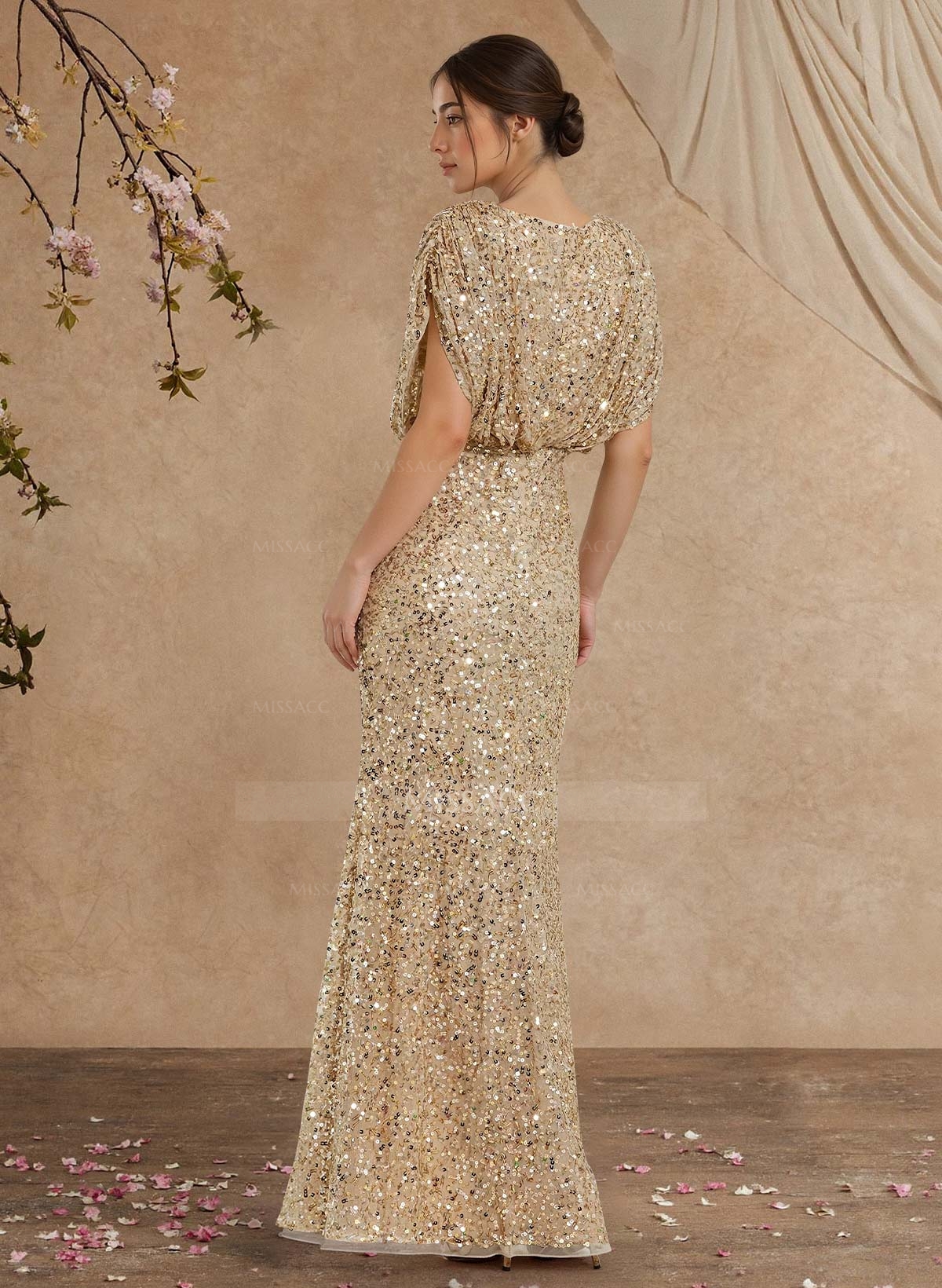 Sheath/Column V-Neck Sleeveless Floor-Length Sequined Mother Of The Bride Dresses